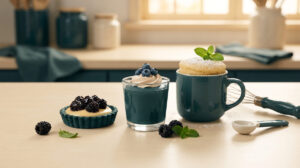 Une tartelette, une verrine crémeuse et un mug cake aux fruits sur une table de cuisine.