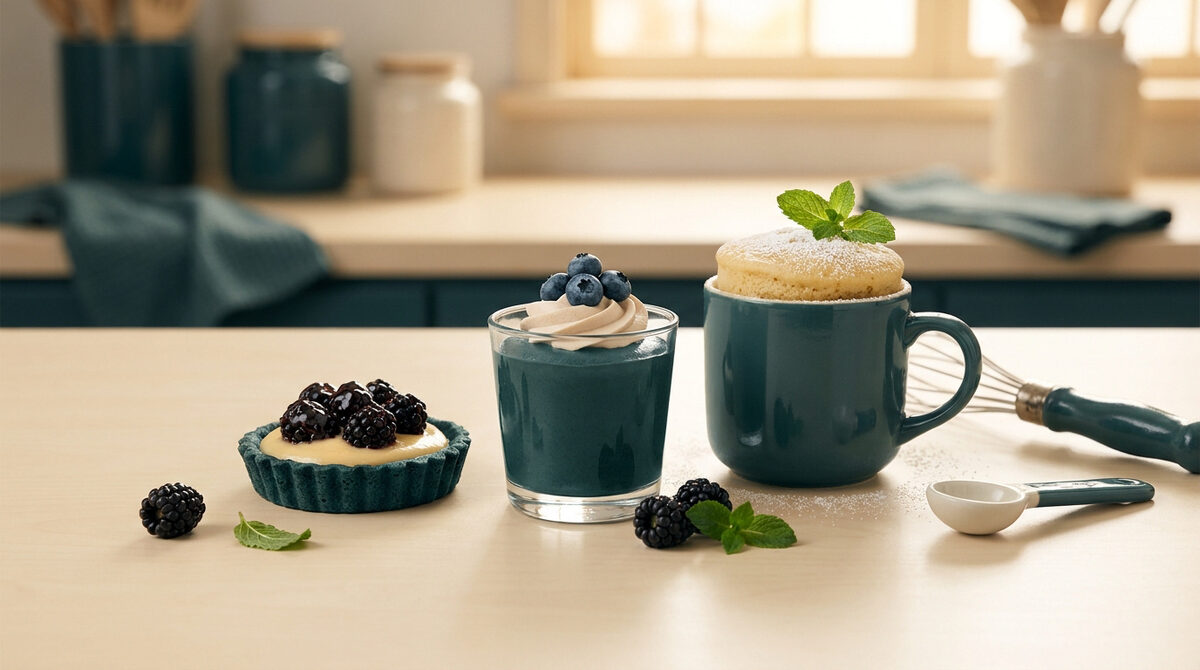 Une tartelette, une verrine crémeuse et un mug cake aux fruits sur une table de cuisine.