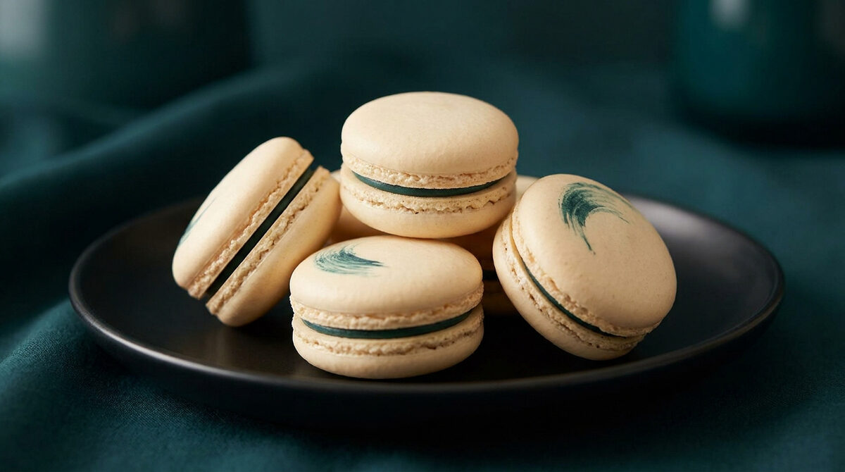 Un tas de macarons couleur crème avec une garniture bleu foncé, posés sur une assiette noire et un tissu émeraude.
