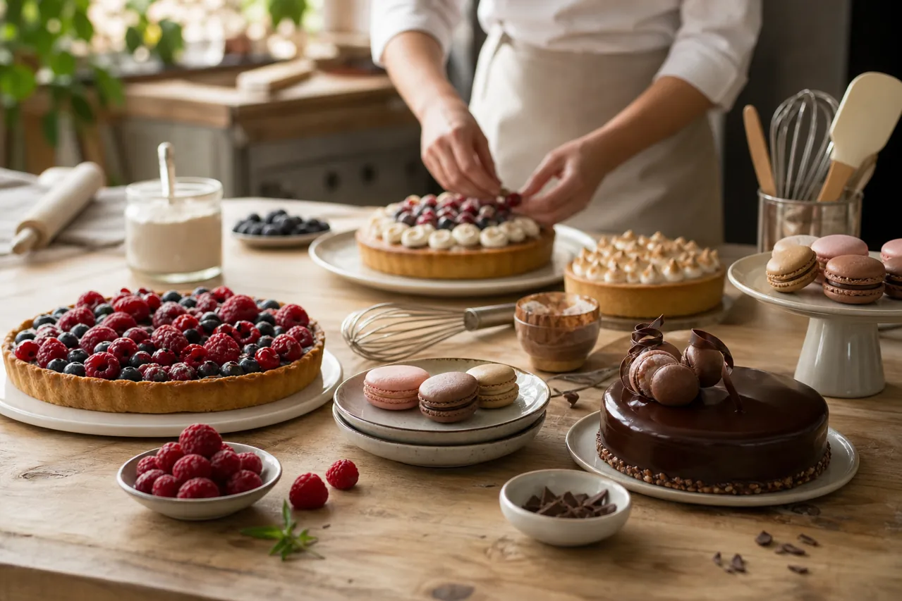 Atelier de pâtisserie avec tartes, entremets et macarons