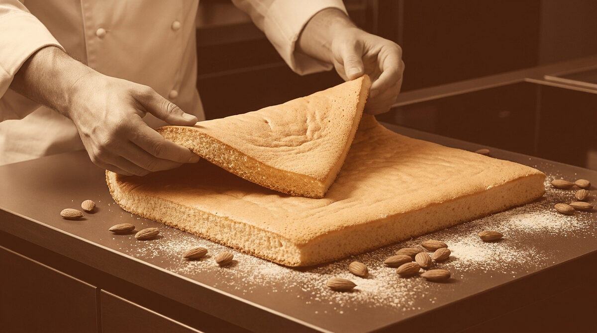 Un pâtissier soulève délicatement un coin d'un biscuit Joconde doré posé sur un plan de travail avec des amandes.