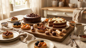 Table de brunch avec gâteau au chocolat, gâteau aux noix, tartes aux fruits et mignardises sur un plateau en bois.
