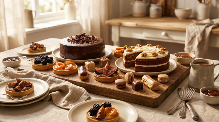 Table de brunch avec gâteau au chocolat, gâteau aux noix, tartes aux fruits et mignardises sur un plateau en bois.