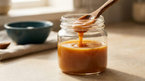Un pot en verre rempli de caramel au beurre salé fondant, avec une cuillère en bois qui laisse couler le caramel.