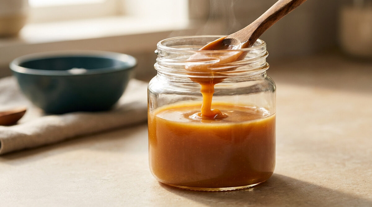 Un pot en verre rempli de caramel au beurre salé fondant, avec une cuillère en bois qui laisse couler le caramel.