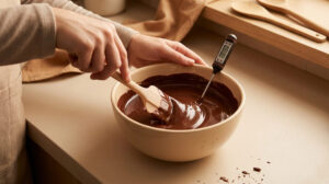 Mains mélangeant du chocolat fondu dans un bol avec une spatule et un thermomètre indiquant 31,5°C.