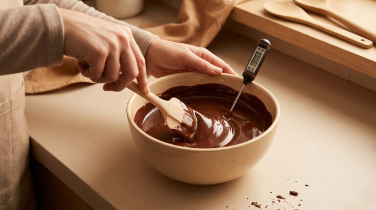 Mains mélangeant du chocolat fondu dans un bol avec une spatule et un thermomètre indiquant 31,5°C.