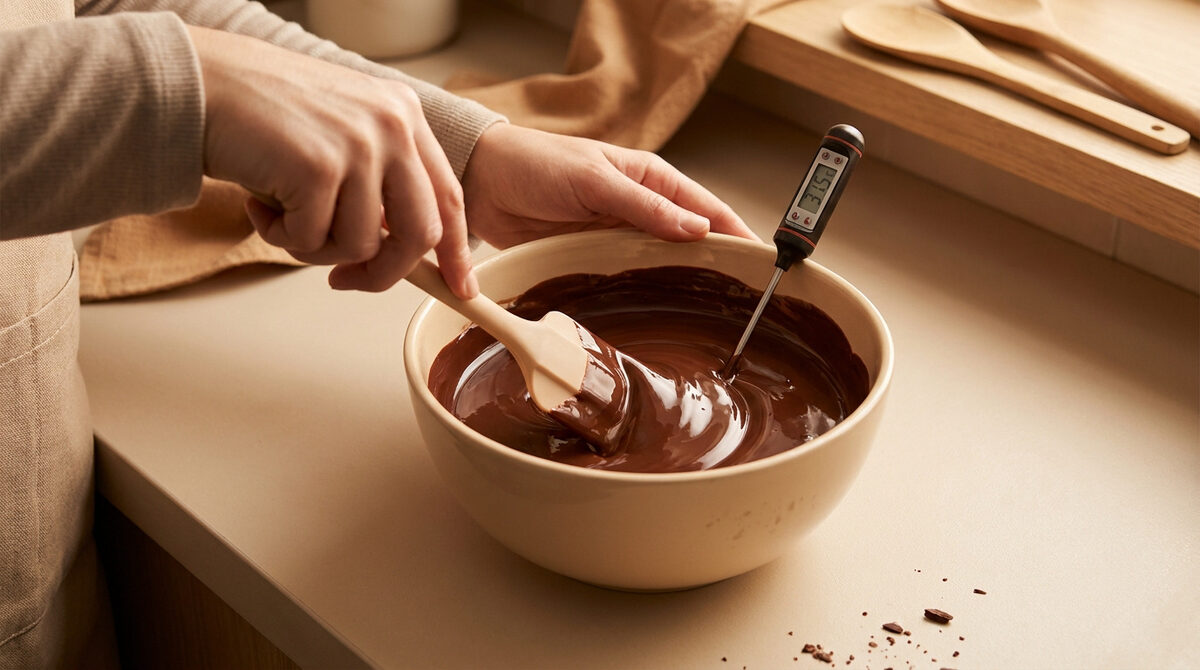 Mains mélangeant du chocolat fondu dans un bol avec une spatule et un thermomètre indiquant 31,5°C.