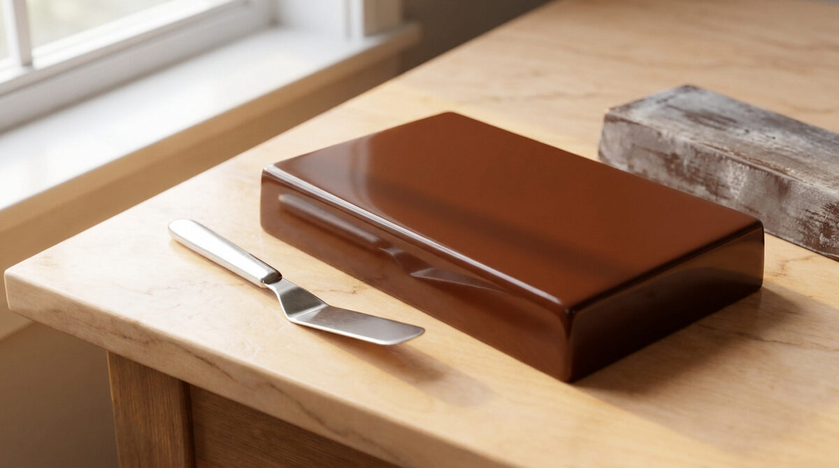 Une plaque de chocolat parfaitement tempéré et brillant sur un plan de travail en bois avec une spatule.