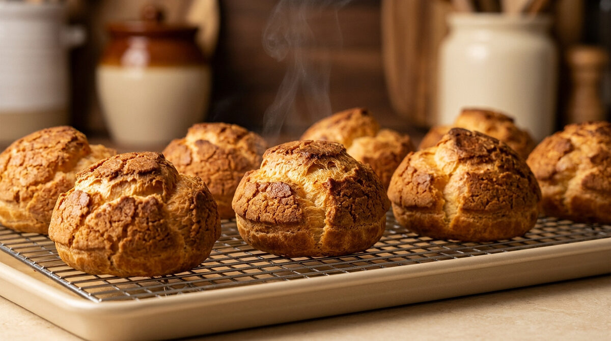 Plusieurs choux tout juste sortis du four, posés sur une grille de refroidissement avec de la vapeur qui s'en échappe.