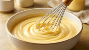 Un fouet mélangeant une crème pâtissière jaune onctueuse dans un bol en céramique blanc.
