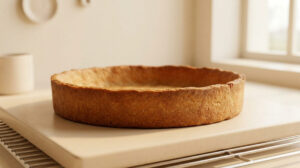 Une pâte sucrée dorée et stable, posée sur une plaque de cuisson dans une cuisine lumineuse.