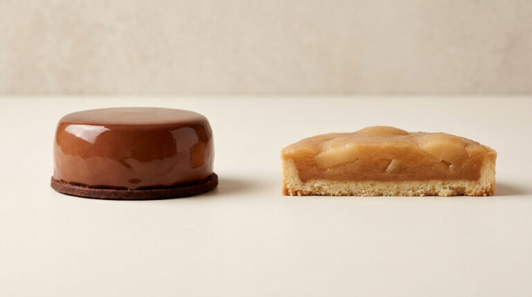 Un entremet au chocolat brillant à côté d'une tartelette aux fruits coupée en deux sur un fond beige.