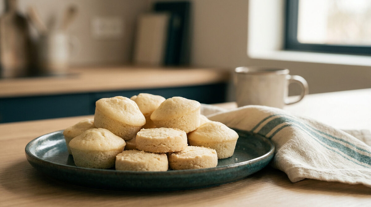 Une assiette en céramique bleue remplie de petits gâteaux dorés sur une table en bois dans une cuisine lumineuse.