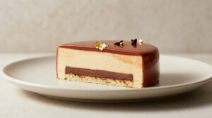 Part d'entremets avec glaçage miroir chocolat et feuilles d'or, posée sur une assiette claire.