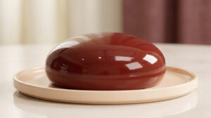 Un gâteau en forme de dôme avec un glaçage miroir rouge brillant, posé sur une assiette claire.