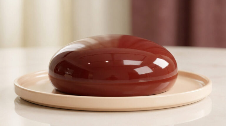 Un gâteau en forme de dôme avec un glaçage miroir rouge brillant, posé sur une assiette claire.