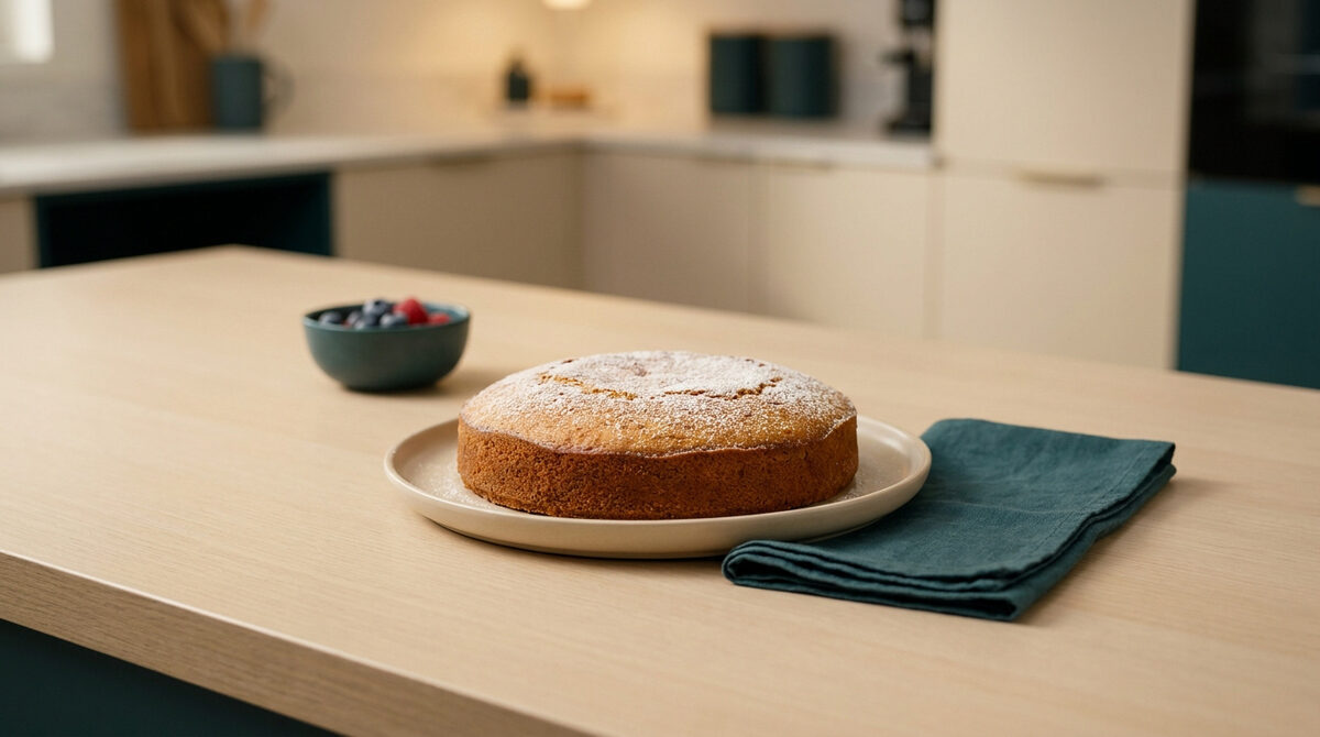 Un gâteau rond doré sur une assiette claire, accompagné de baies, posé sur une table en bois dans une cuisine moderne.
