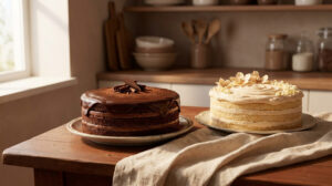 Deux gâteaux d'anniversaire posés sur une table en bois dans une cuisine lumineuse : un gâteau au chocolat et un vanille.