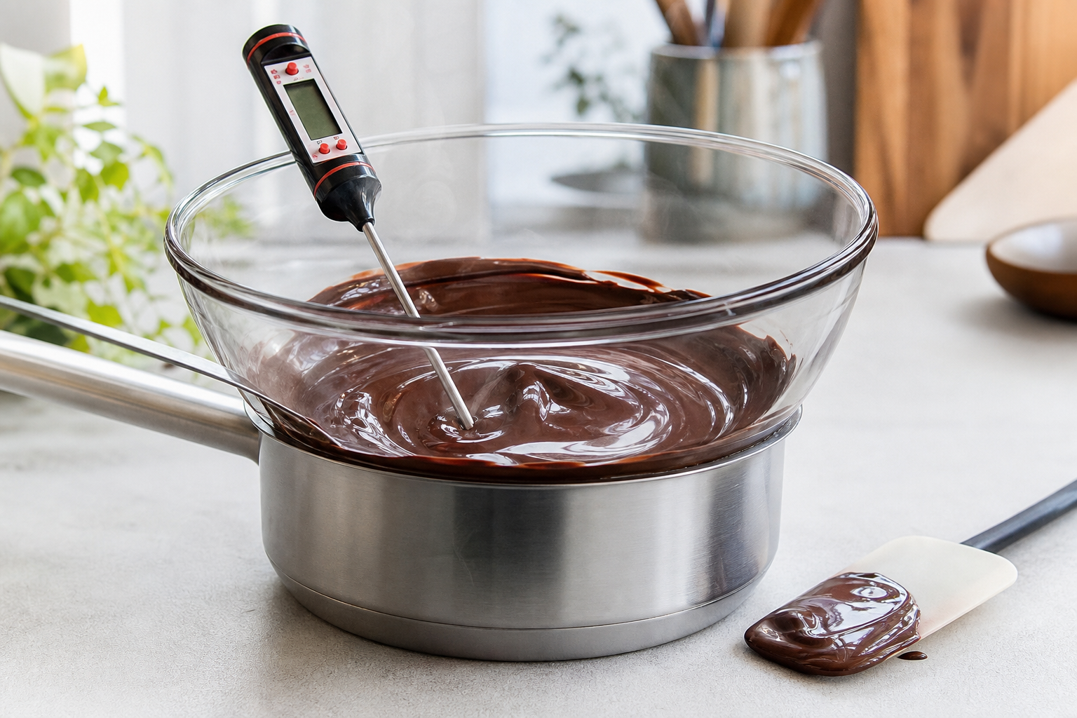 Chocolat noir fondu au bain-marie avec thermomètre de cuisine pour contrôler la température