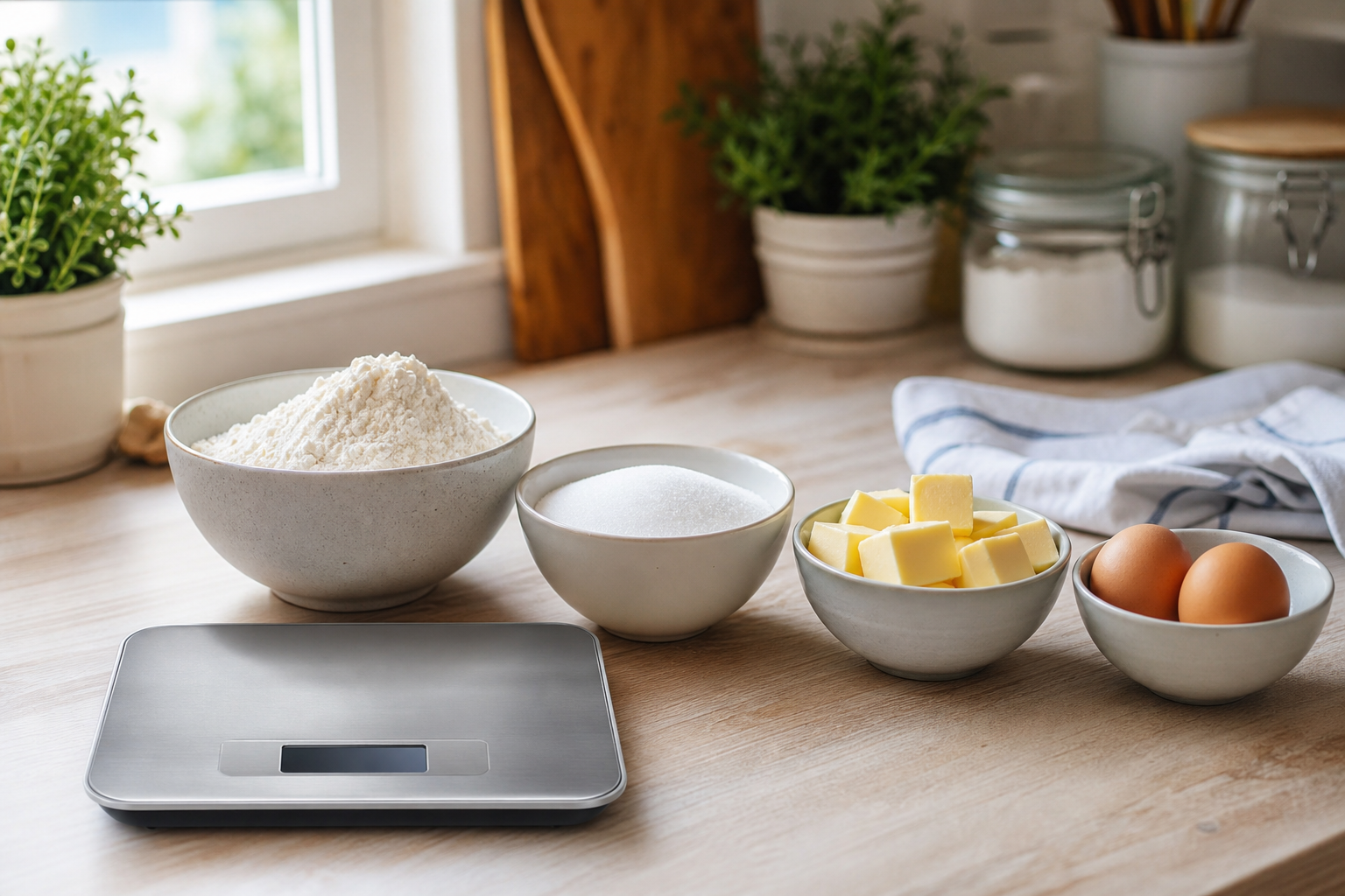 Balance de cuisine avec farine, sucre, beurre et œufs pesés pour débuter en pâtisserie maison