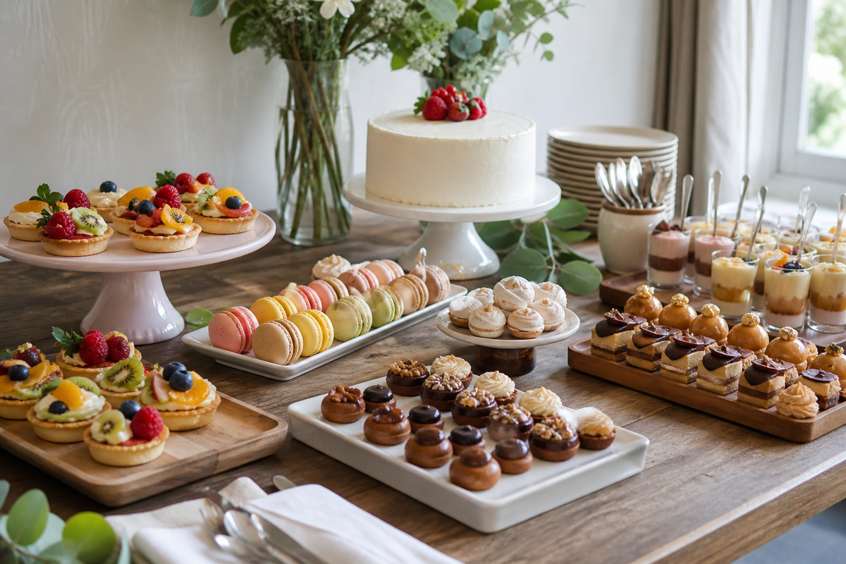 Mini tartes, macarons, mignardises et gâteau simple organisés pour un buffet sucré maison