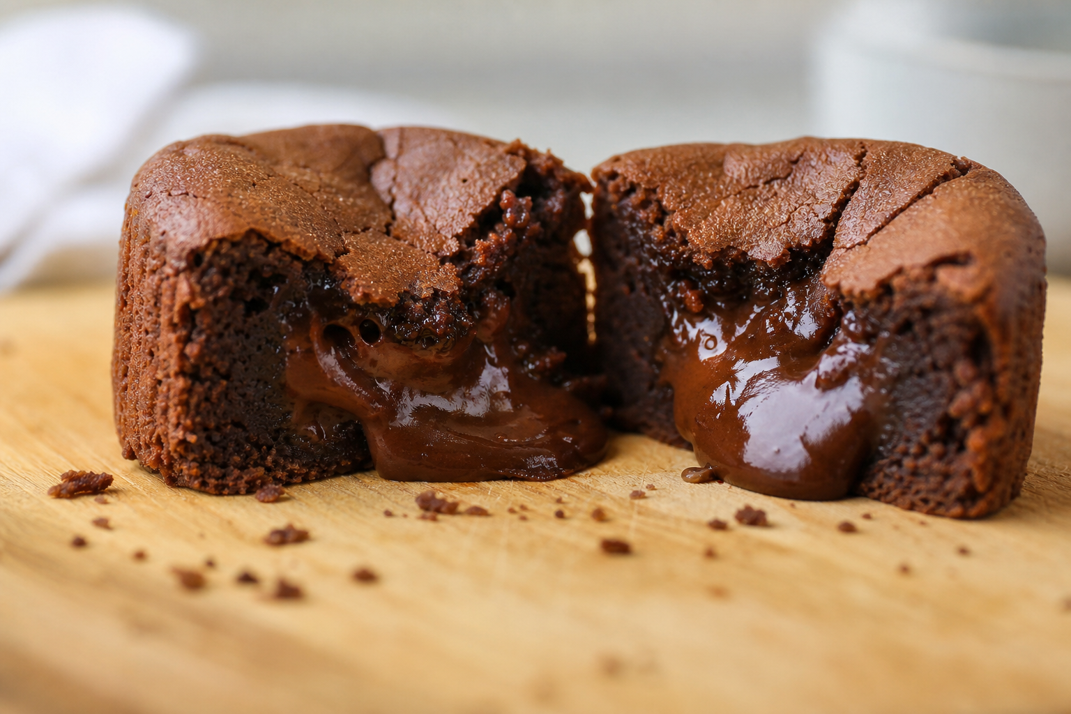 Fondant au chocolat coupé révélant un cœur coulant et des bords cuits