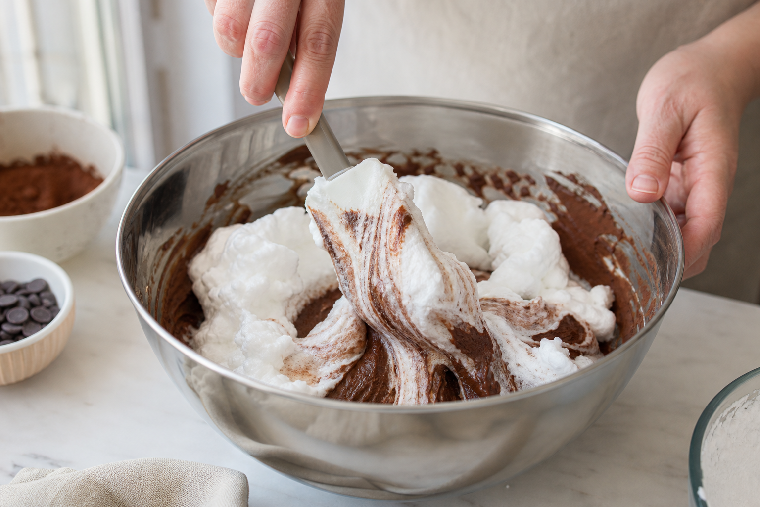 Incorporation de blancs en neige dans un appareil à gâteau avec une maryse