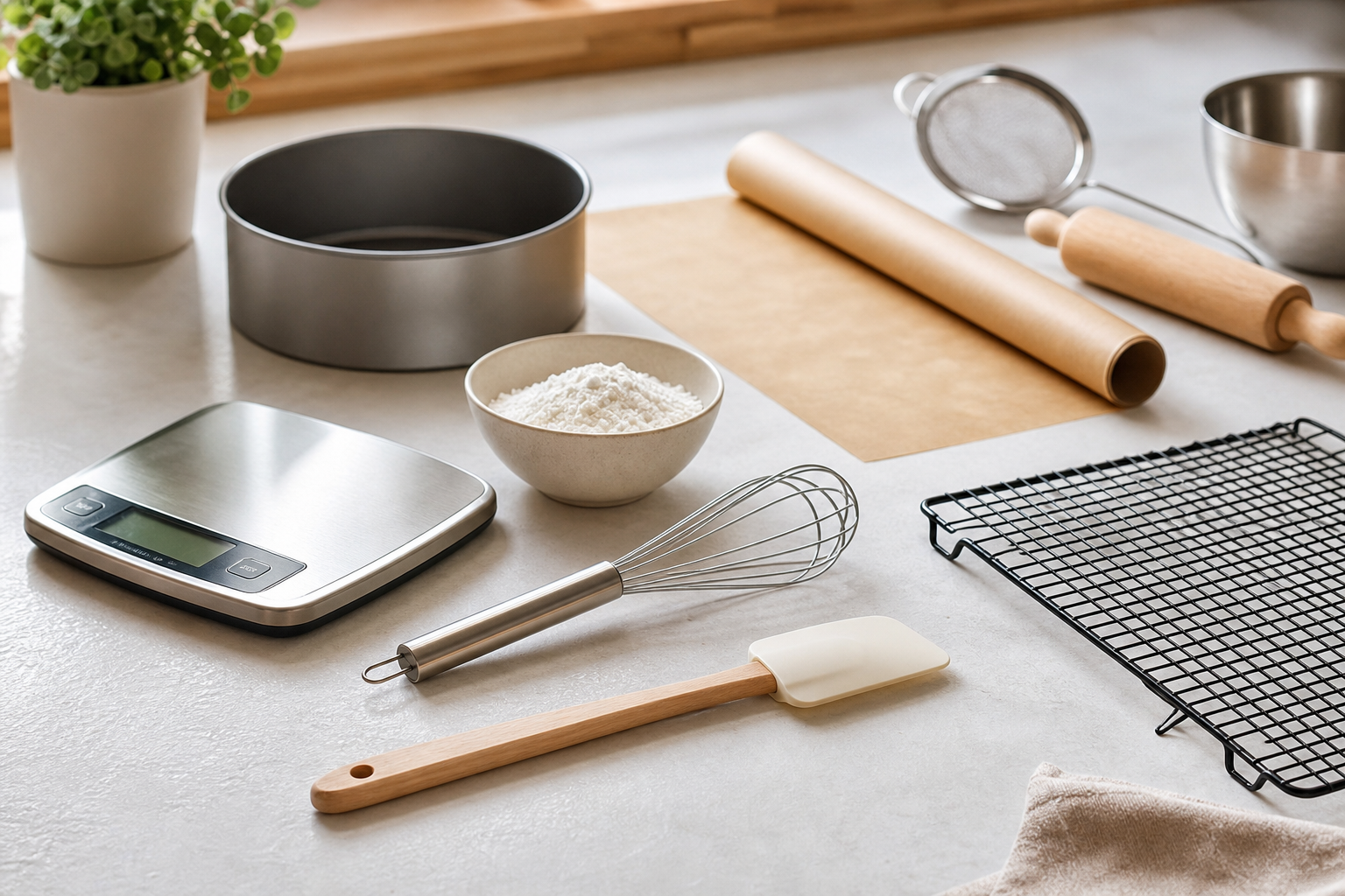 Balance, maryse, fouet, moule rond et papier cuisson pour commencer la pâtisserie maison