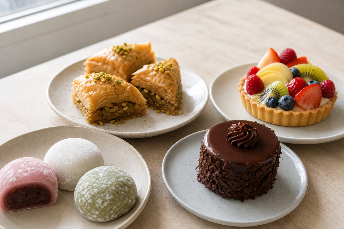 Mochi, baklava, tartelette et gâteau au chocolat présentés comme pâtisseries du monde