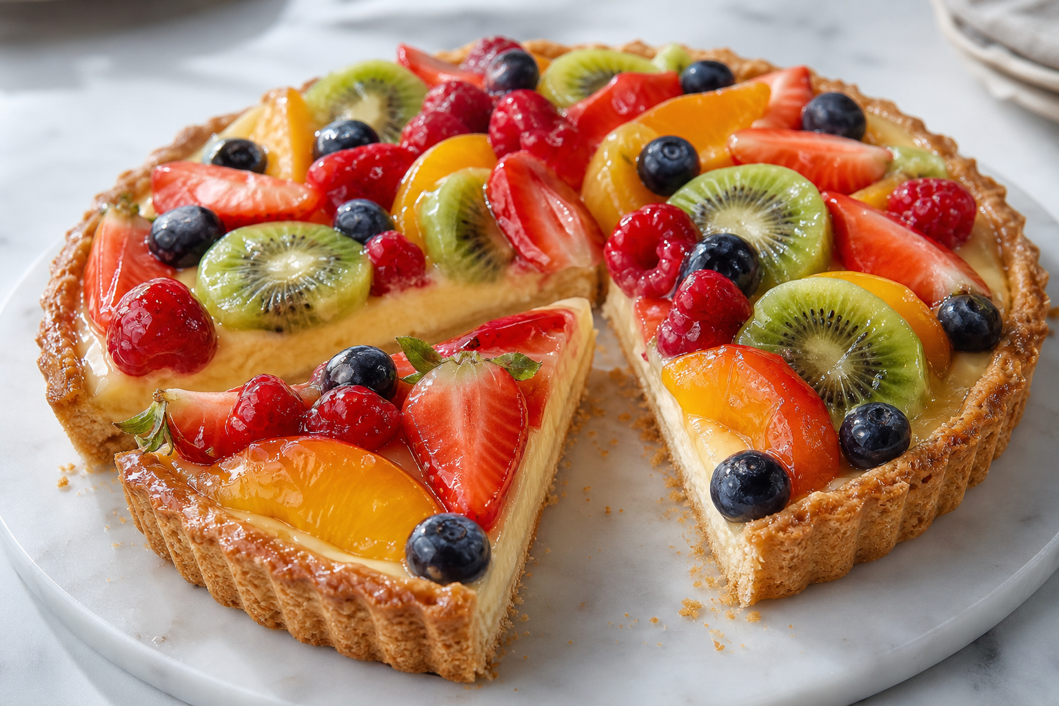Tarte aux fruits coupée montrant pâte dorée, crème et fruits brillants en couches