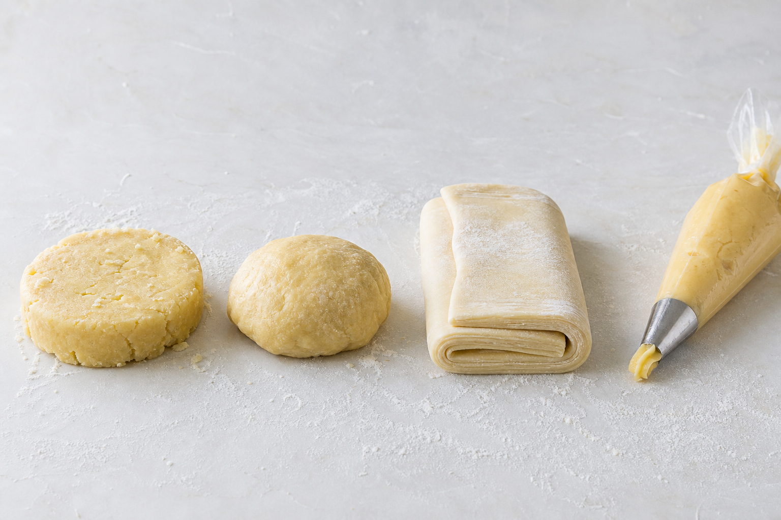 Pâtes sablée, brisée, feuilletée et pâte à choux présentées côte à côte pour comparer les techniques