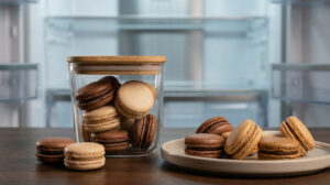 Macarons au chocolat et vanille dans un bocal en verre et sur une assiette devant un réfrigérateur vide.