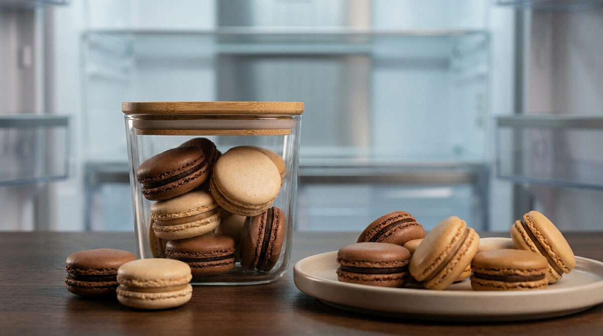 Macarons au chocolat et vanille dans un bocal en verre et sur une assiette devant un réfrigérateur vide.