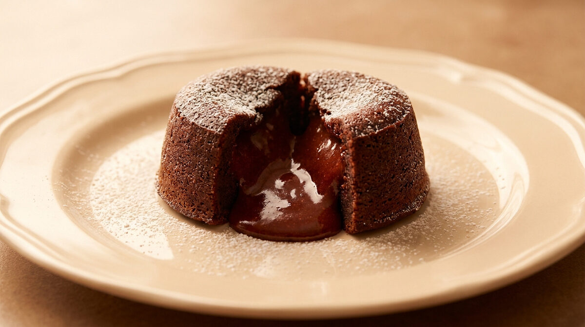 Un fondant au chocolat saupoudré de sucre glace sur une assiette, révélant un cœur fondant et chocolaté.