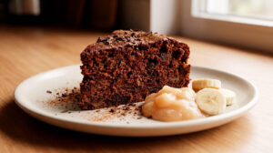Une part de gâteau au chocolat sombre avec de la compote et des rondelles de banane sur une assiette claire.