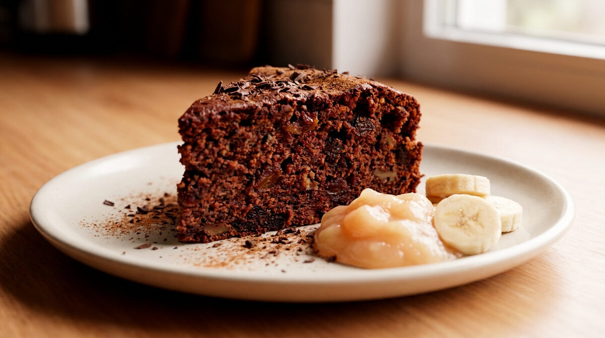 Une part de gâteau au chocolat sombre avec de la compote et des rondelles de banane sur une assiette claire.