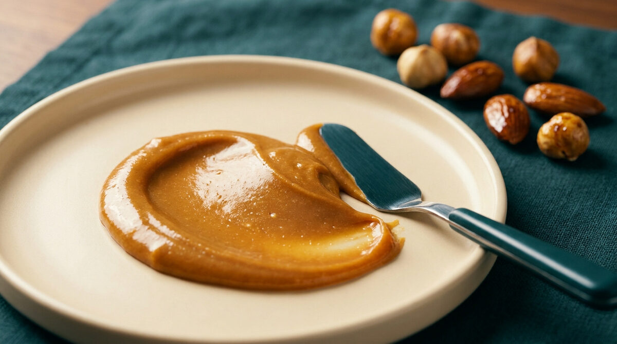 Une cuillère à tartiner avec du praliné lisse sur une assiette beige, accompagnée de noisettes et d'amandes entières.