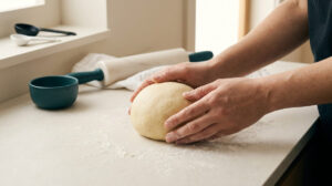 Mains de pâtissier façonnant une boule de pâte sablée sur un plan de travail fariné.