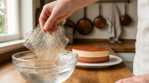 Main plongeant des feuilles de gélatine dans un bol d'eau froide dans une cuisine avec un gâteau en arrière-plan.