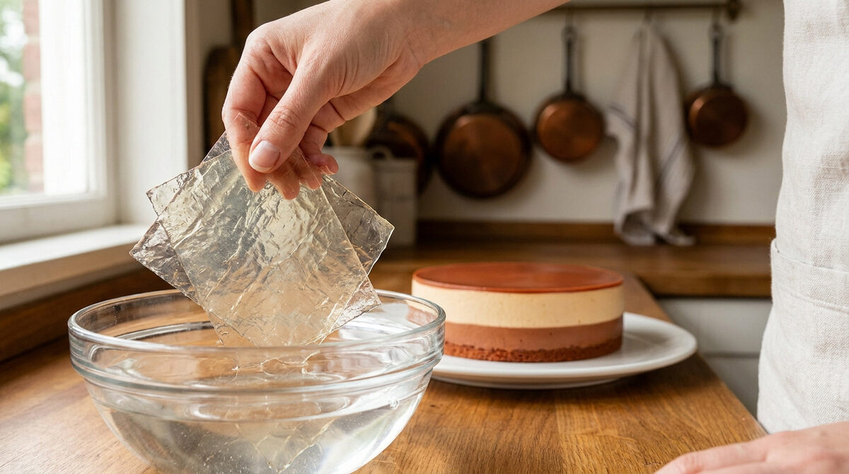 Main plongeant des feuilles de gélatine dans un bol d'eau froide dans une cuisine avec un gâteau en arrière-plan.