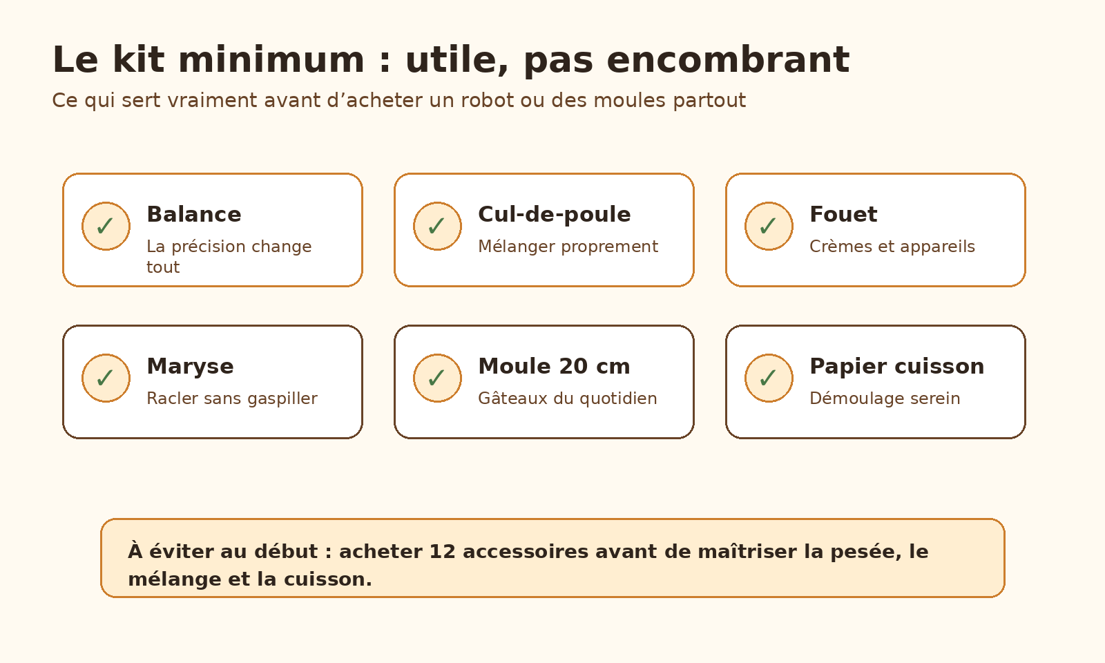 Schéma du matériel minimum utile pour commencer la pâtisserie