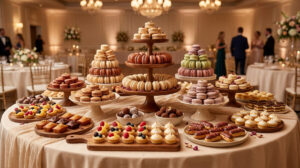 Buffet sucré élégant avec des tours de macarons, tartelettes aux fruits et mignardises lors d'une réception.