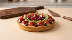 Une tarte aux fruits frais avec fraises, kiwis et myrtilles sur une pâte dorée, avec une planche et une pelle à tarte.