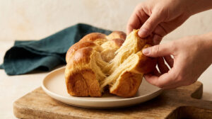 Mains ouvrant une brioche dorée et fumante sur une assiette en céramique