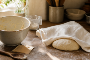 Pâte levée maison qui repose sous un torchon