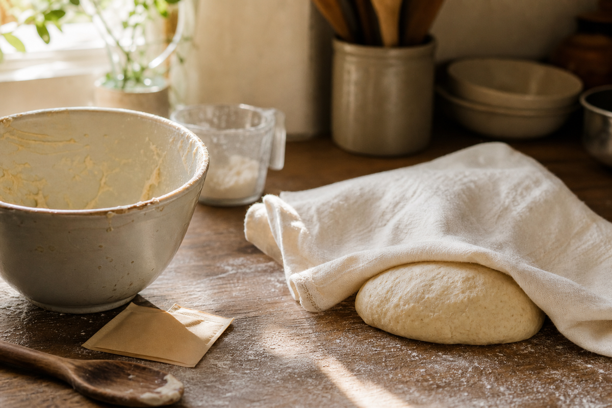 Pâte levée maison qui repose sous un torchon