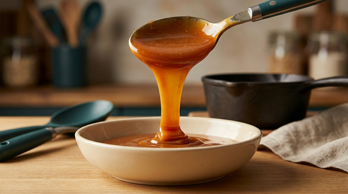 Un caramel doré et brillant coule d'une cuillère dans un bol en céramique dans une cuisine lumineuse.