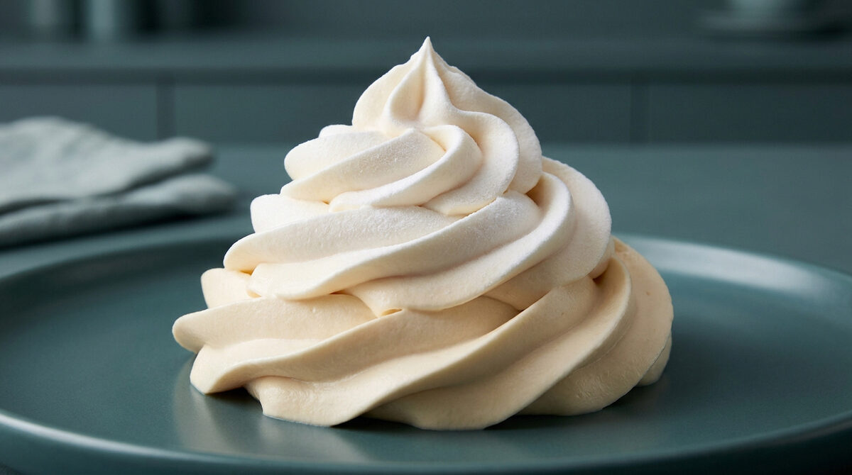 Une pointe généreuse de crème chantilly montée en pic sur une assiette sombre, montrant une texture ferme et onctueuse.