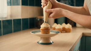 Gros plan sur des mains utilisant une poche à douille pour décorer un cupcake sur un présentoir en céramique.